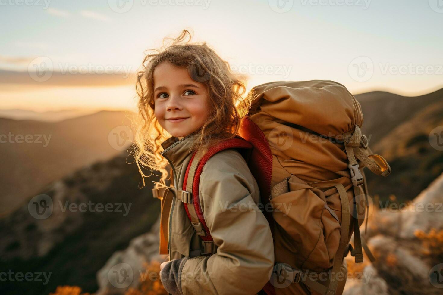 little girl with backpack hiking on mountain peak at sunset, travel and adventure concept AI generated photo