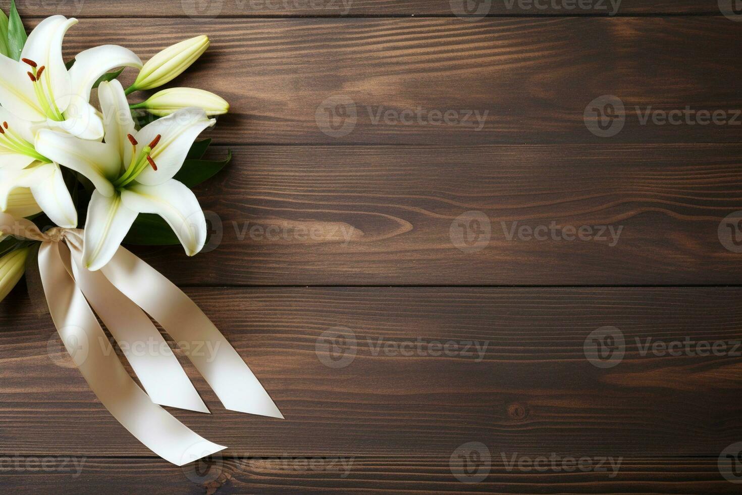 White lily flowers on wooden background. Top view with copy space.Funeral Concept AI generated photo