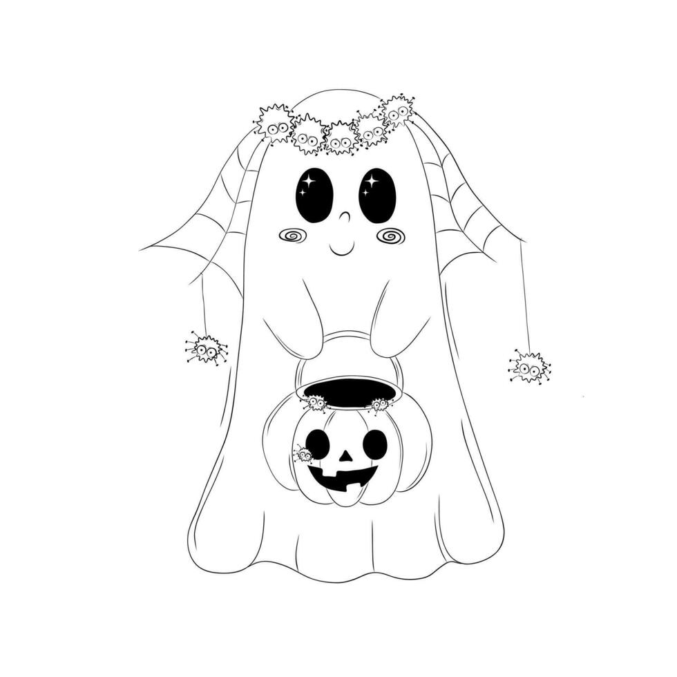 Vector illustration in doodle style of a cute ghost in a wedding veil-web with dangling spiders. The ghost looks like a bride and carries a basket - pumpkin. Card or invitation Happy Halloween.