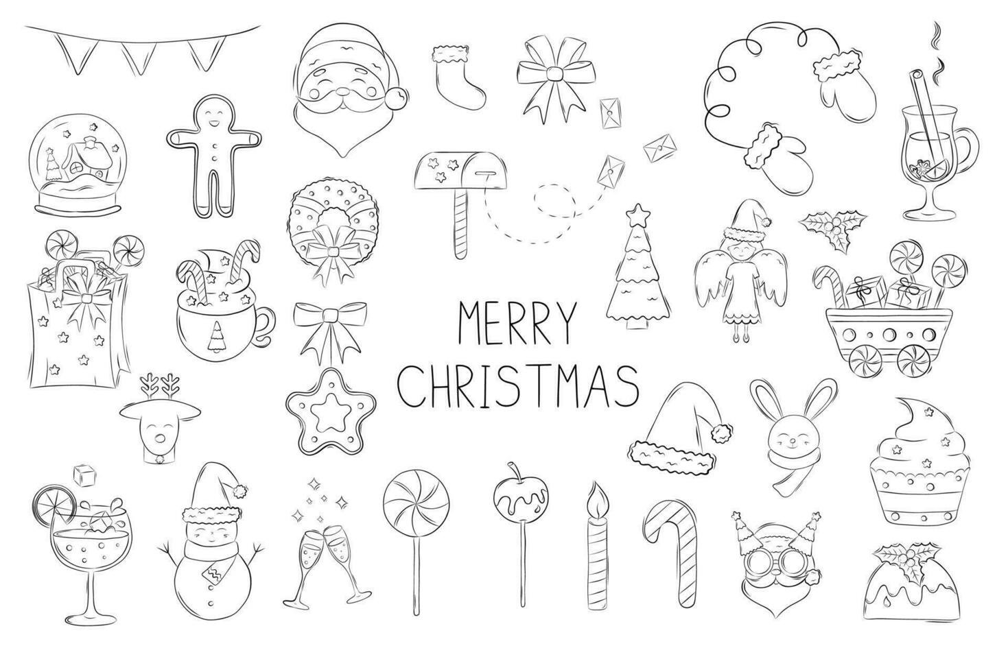 Set of Simple Vector Illustrations of Christmas and New Year in Doodle Style