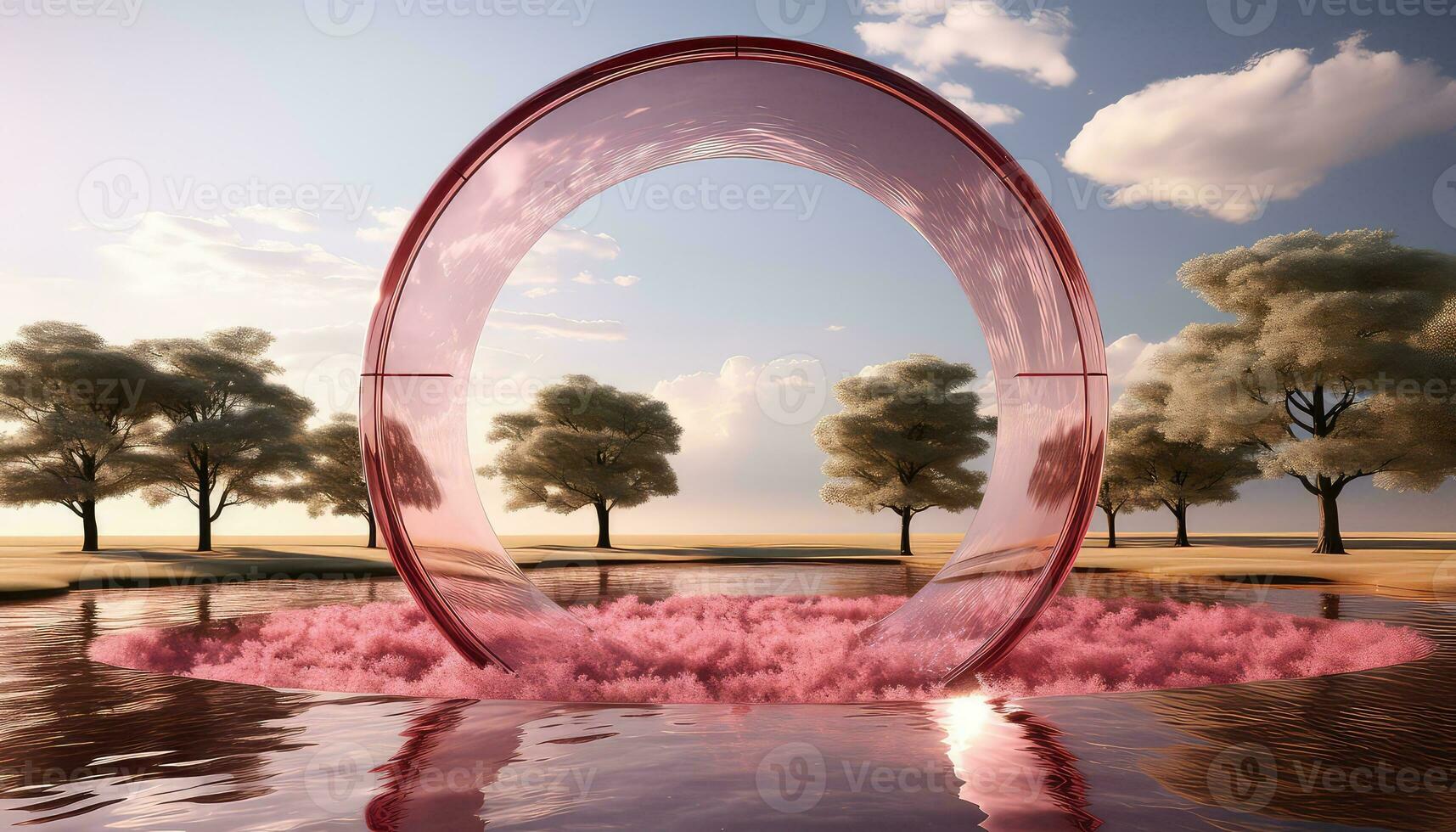surrealista nieve escenas con grande circular estructura y rosado nubes ai generado foto