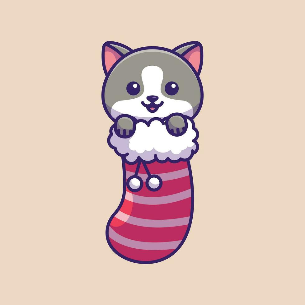 Cute cat in christmas sock simple cartoon vector illustration christmas concept icon isolated