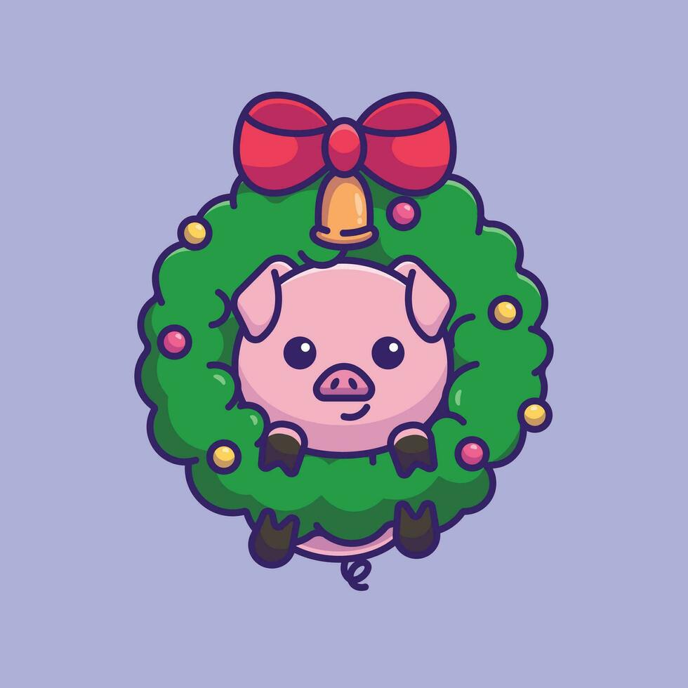 Cute pig flower wreath simple cartoon vector illustration christmas concept icon isolated