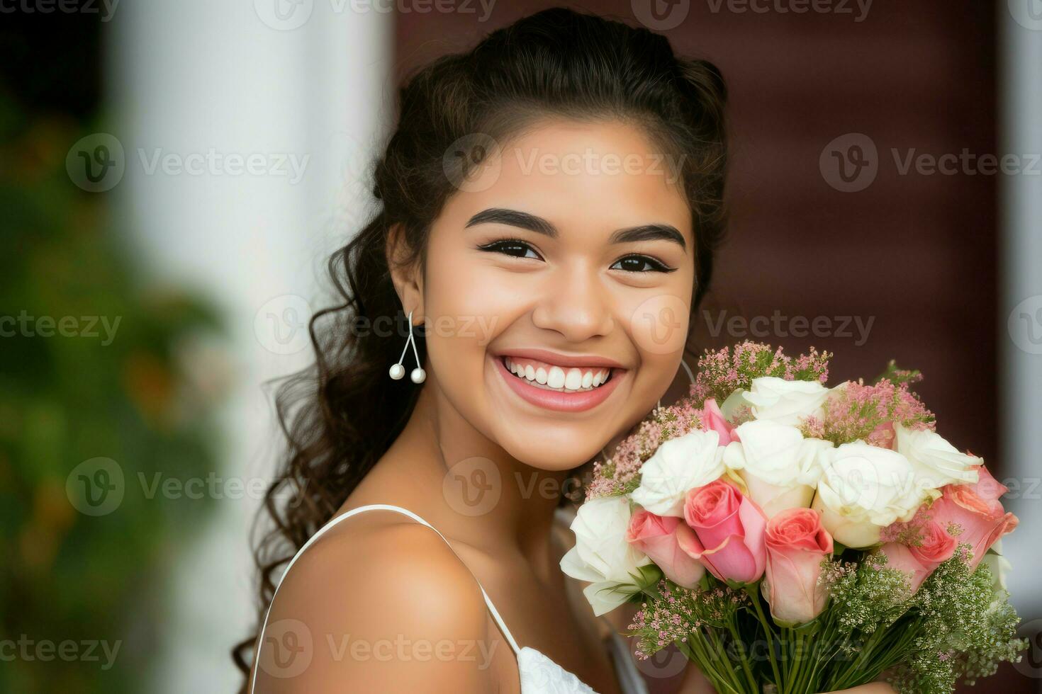 Hispanic happy bride with flowers. Generate Ai photo