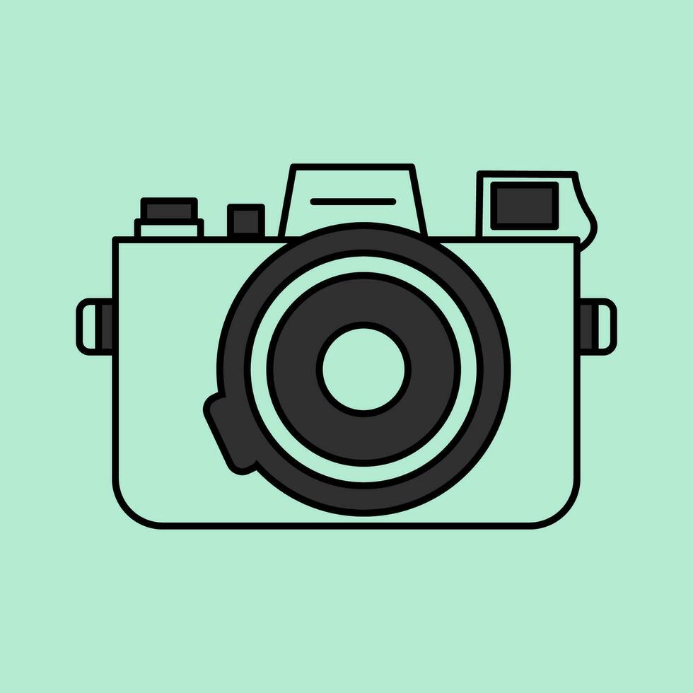 Cute pattern drawn in doodle style of a retro camera on a green background. Vintage element, old-fashioned camera, photographer's device. vector