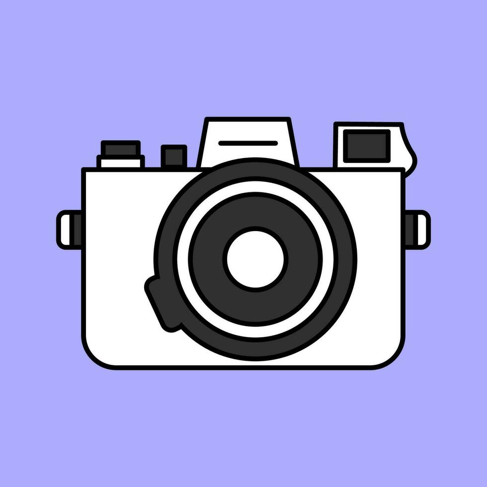 Cute retro camera drawn in flat style isolated on lilac background, photography, cartoon illustration. vector