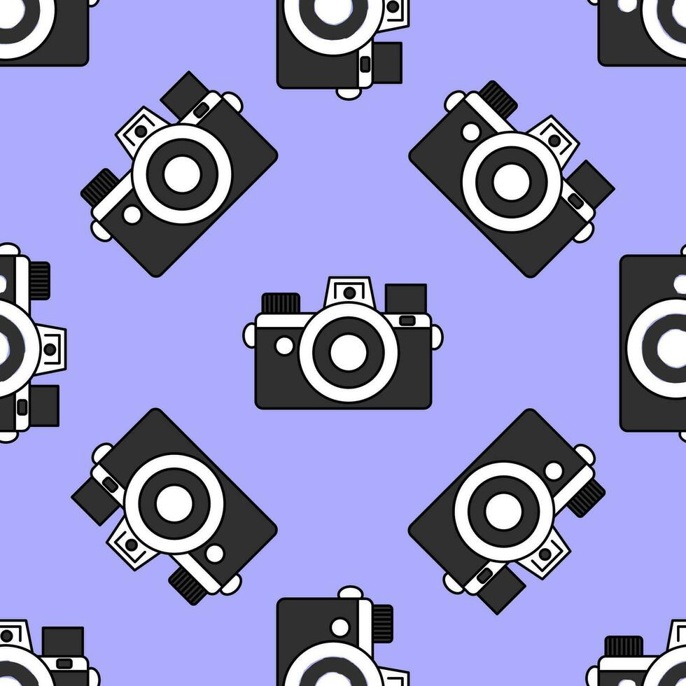 Seamless pattern vintage black camera drawn in doodle style on a purple background. Cute background, retro element, wrapping paper. vector