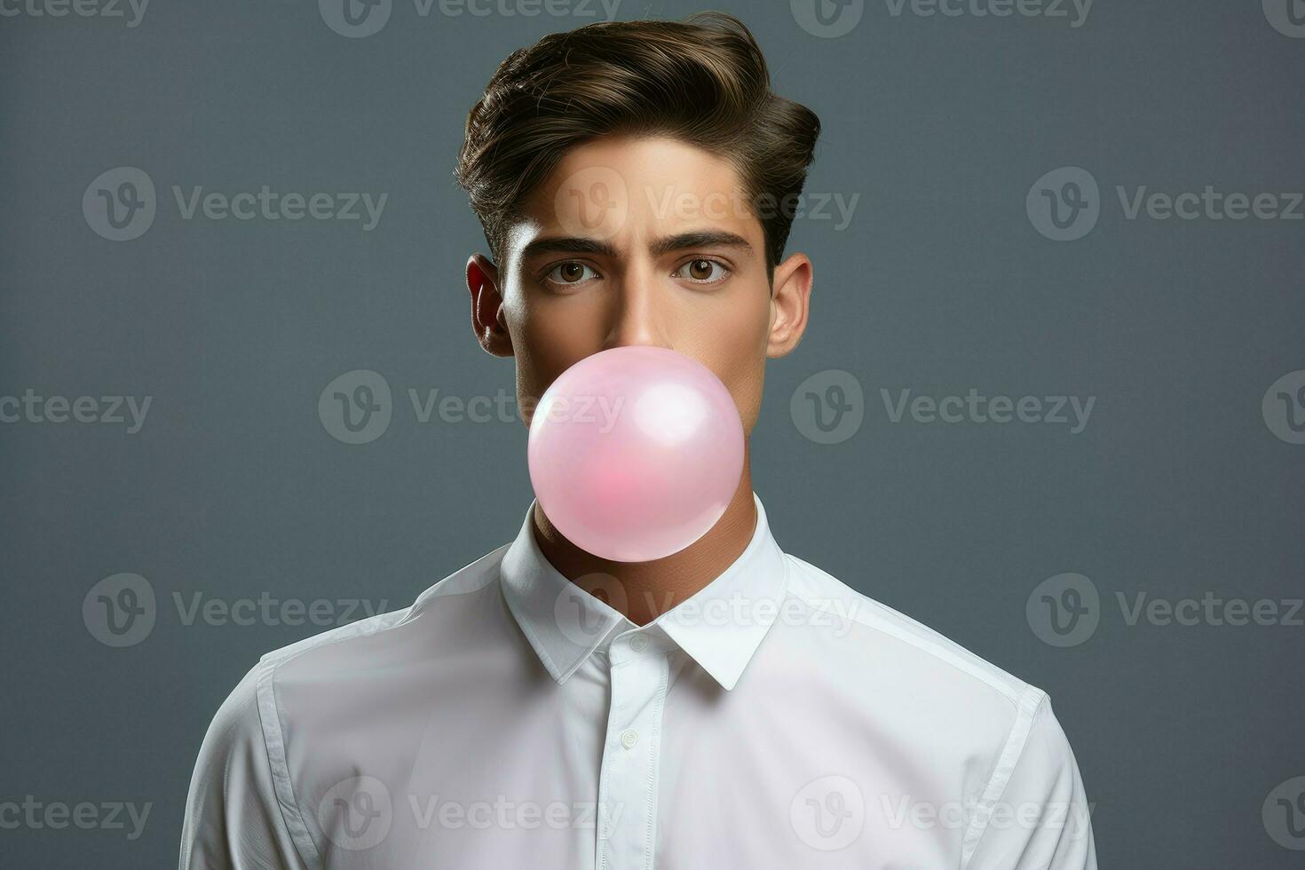 Handsome man chewing bubble gum. Generate Ai photo