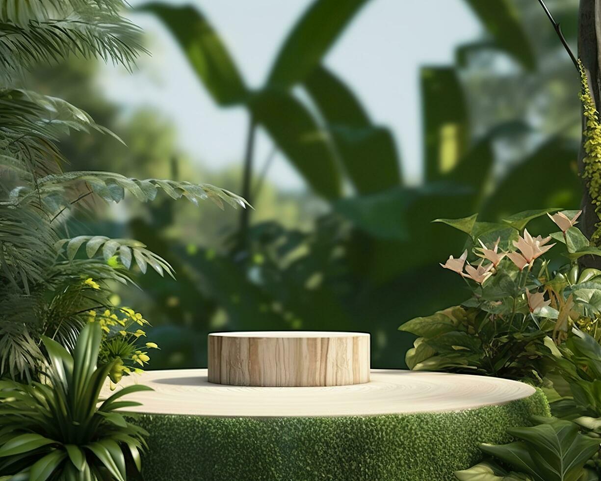 Wooden product display podium for cosmetic products with green nature background. Generative AI photo