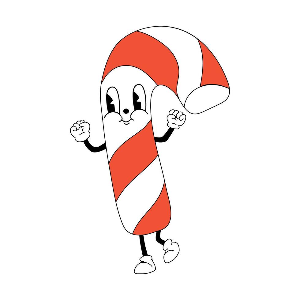 Cute Cartoon Christmas candy cane character. Happy and cheerful emotions. Old animation 60s 70s, funny cartoon characters. Trendy illustration in retro style. vector