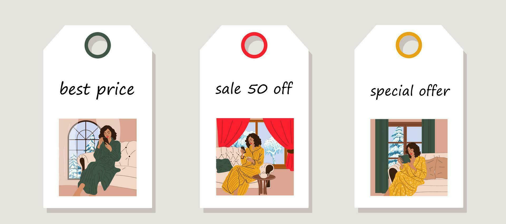 Vector set of discount price tags. Labels with girls are sitting on the sofa near the window with an winter view. Christmas sale.