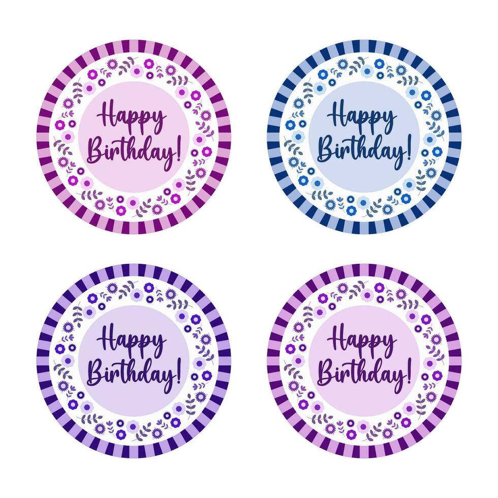 Happy birthday sign with flowers for the circle paper plate or balloon design, stickers or badges and emblems. Set of 4. Vector design.