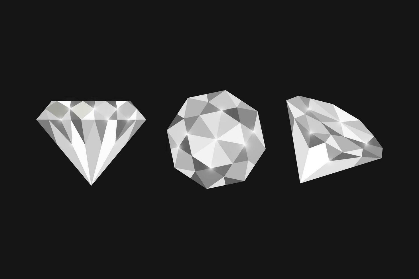 Diamonds from different angles. Isolated on black background. Vector design.