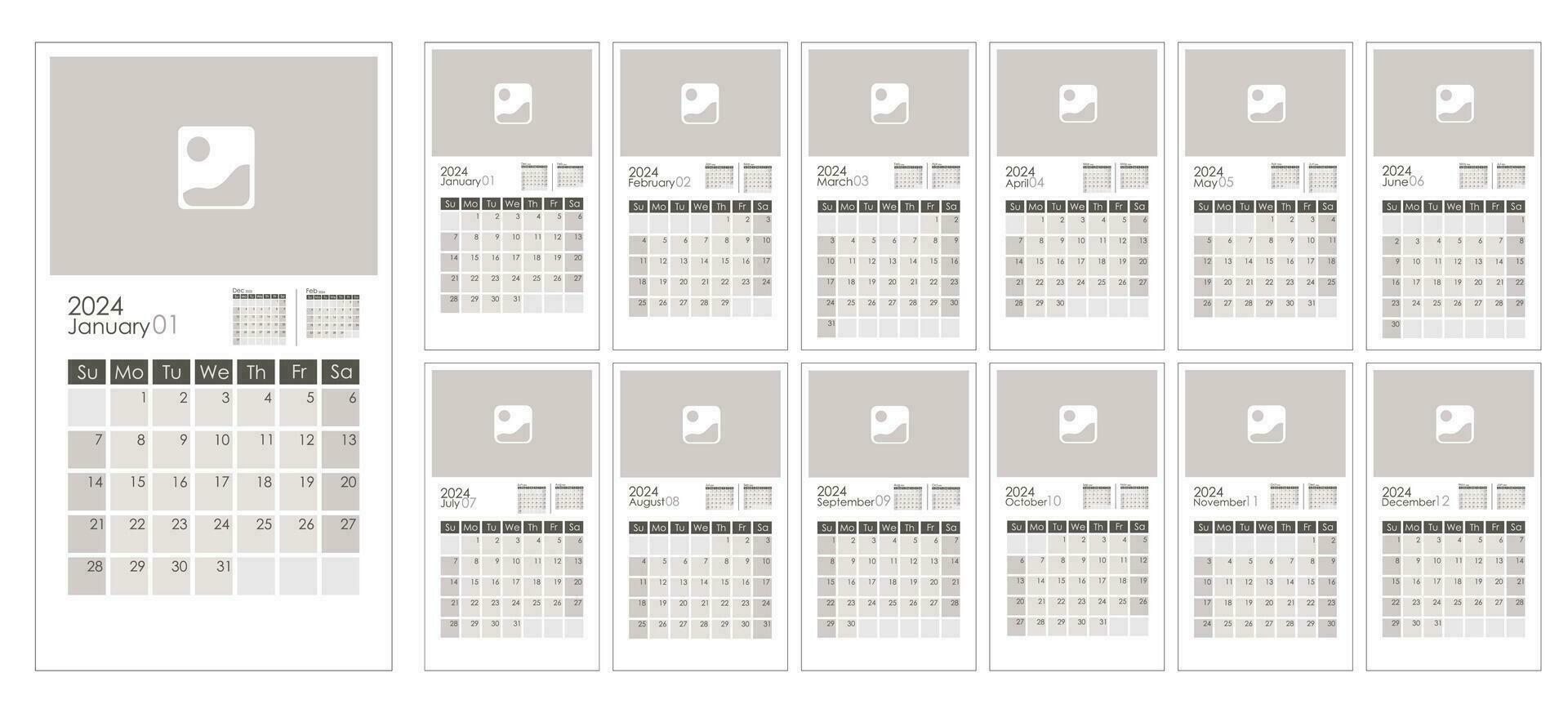 Calendar 2024 template with copy space for the photo week starts on
