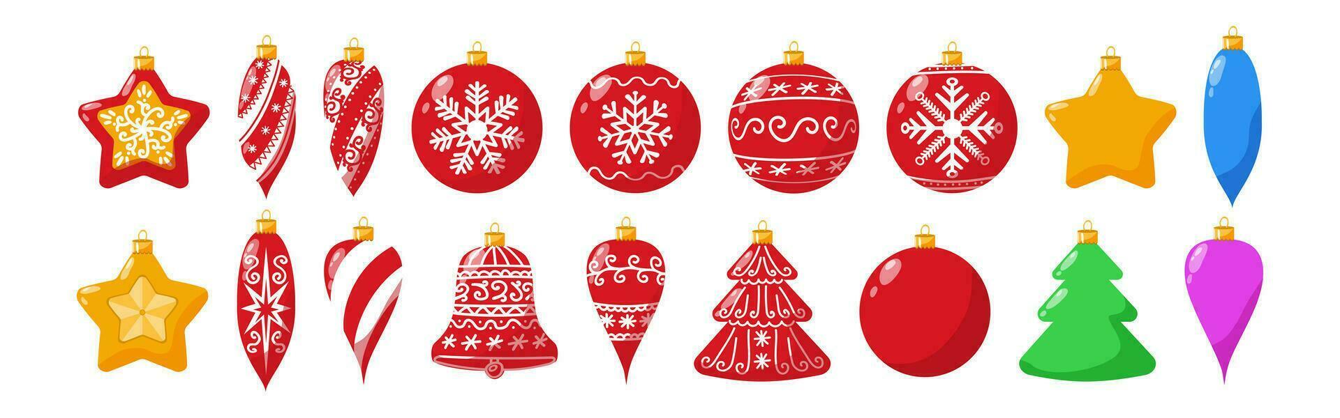 Set of different Christmas tree toys for Christmas and New Year. Christmas tree decorations with and without patterns for hanging on a thread. Vector illustration.