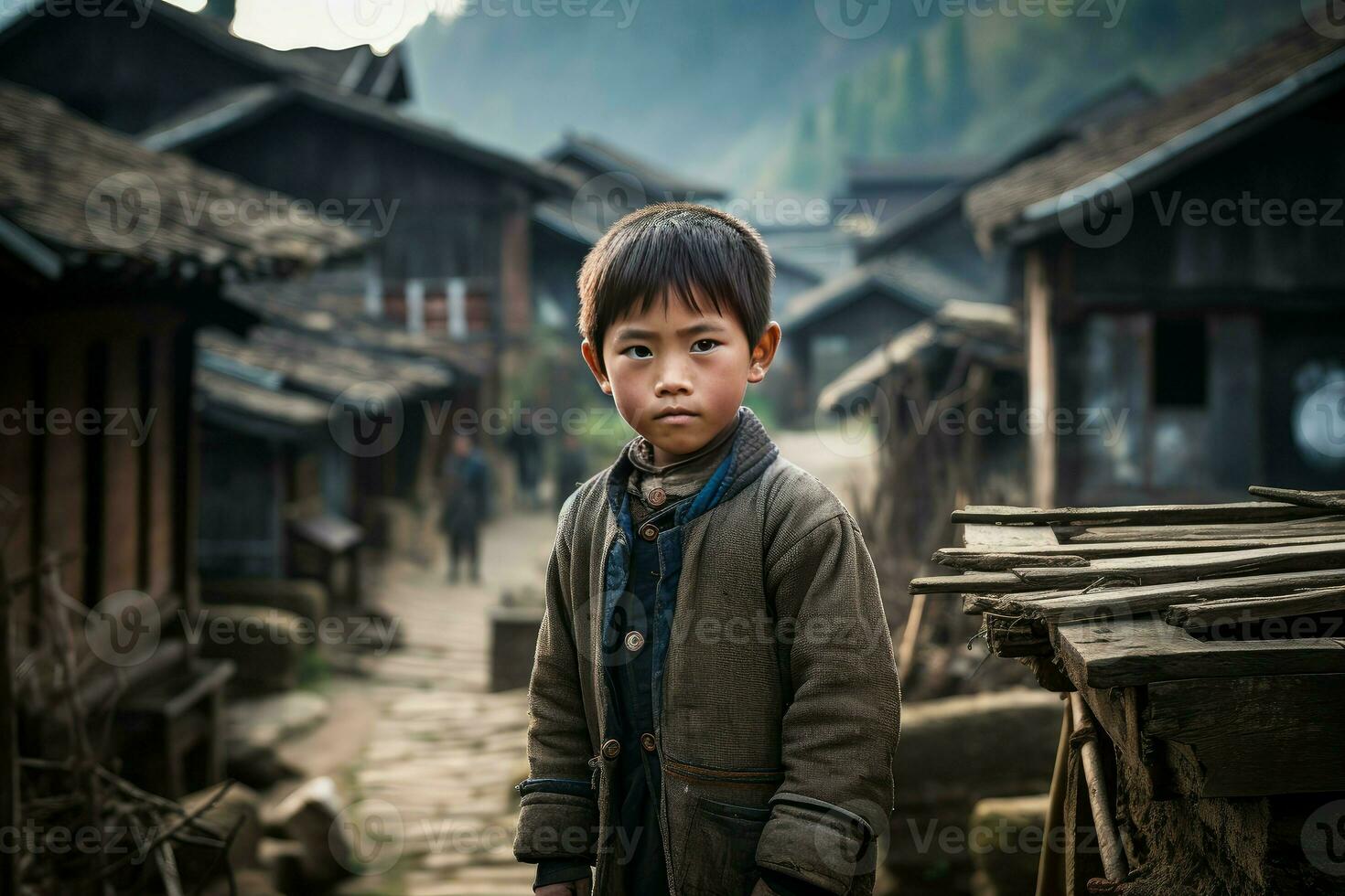 Hardworking Chinese village child person. Generate Ai photo