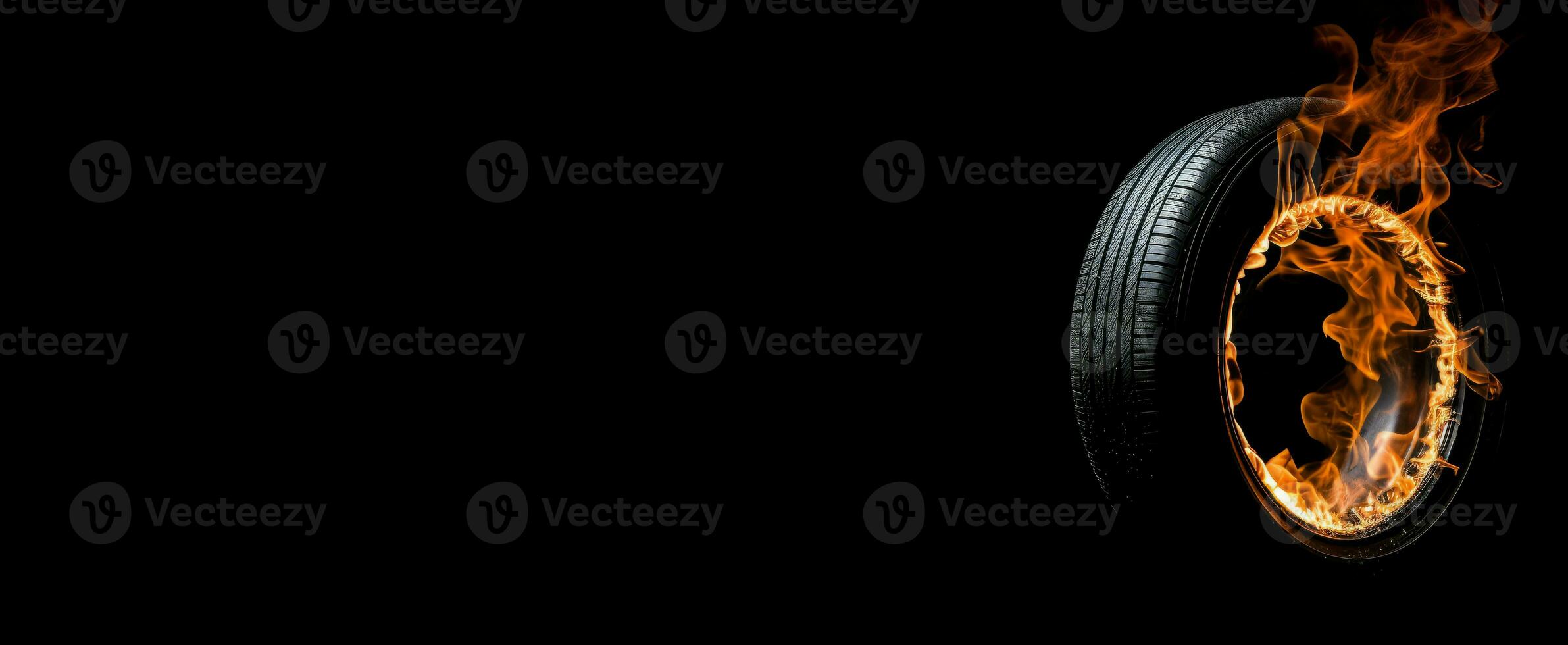 Car tire in fire on black background long banner. Generate Ai photo