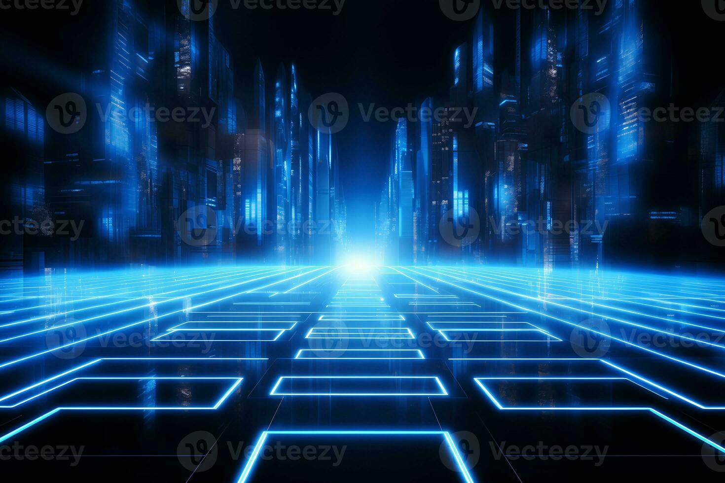 Blue neon cyber background, glow, flares, geometric shapes, futuristic space. Generative AI photo