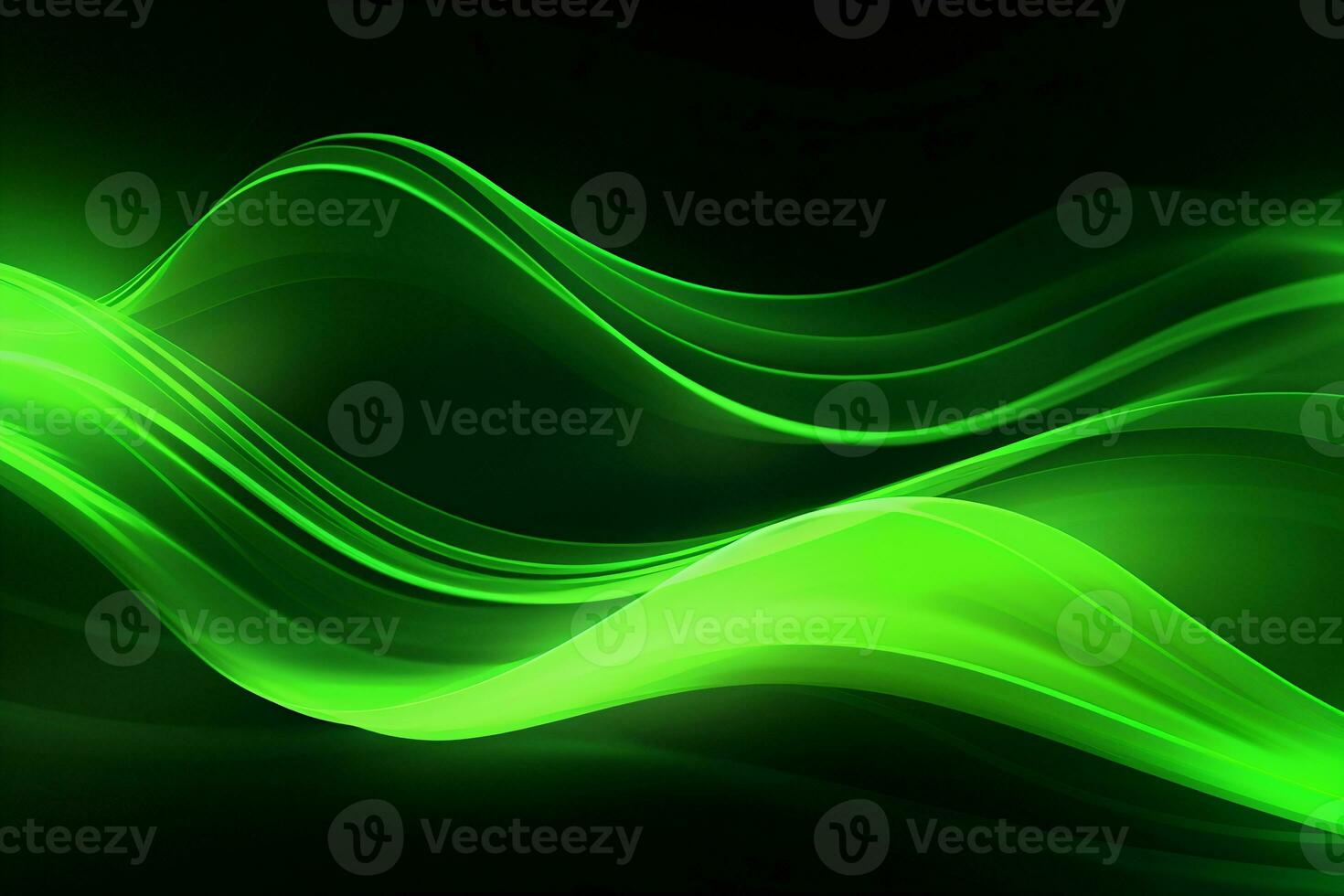 Abstract neon background, wavy green lines on black. AI generated photo