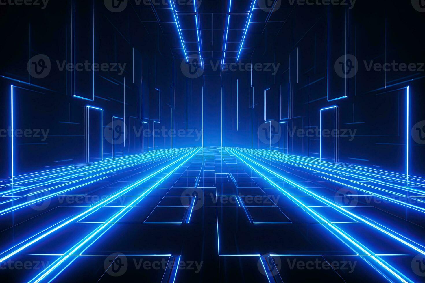 Abstract neon blue background, cyber space, parallel universe, lines, stripes, glow. AI generated photo