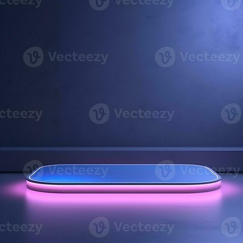 Square neon glowing podium, stage, pedestal. Empty flat advertising platform photo