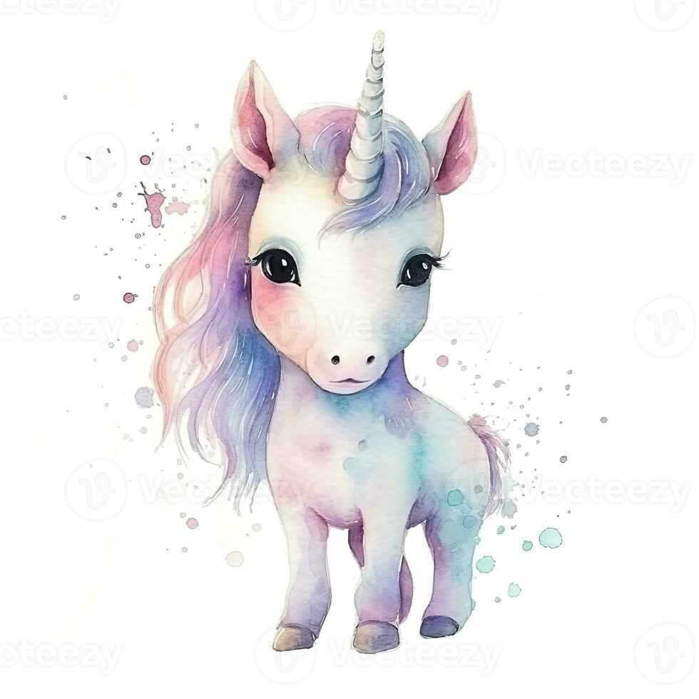 Watercolor illustration of a cute little unicorn pony. Clipart, design element. AI generated photo