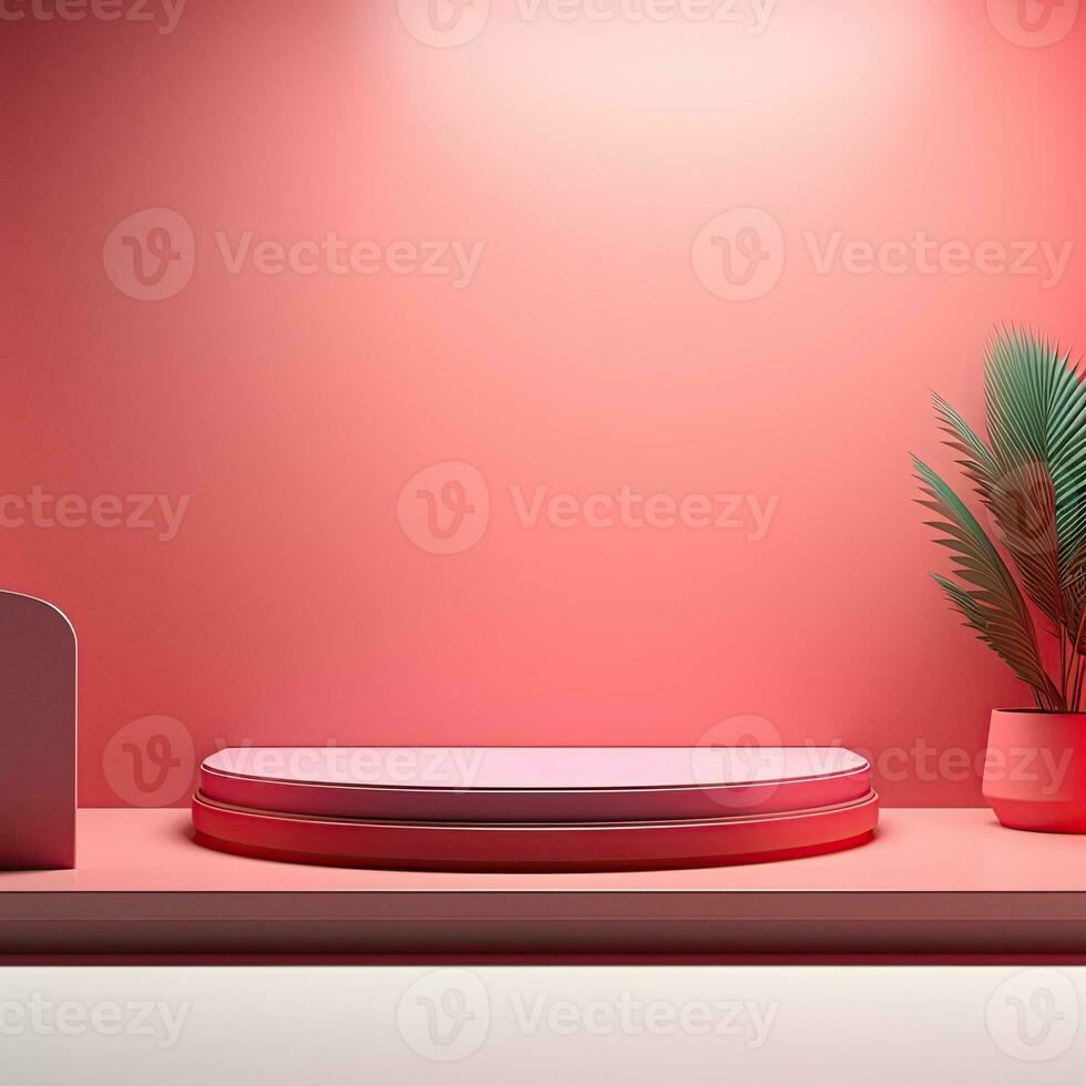 Red glowing podium, empty flat stage for displaying goods, items photo