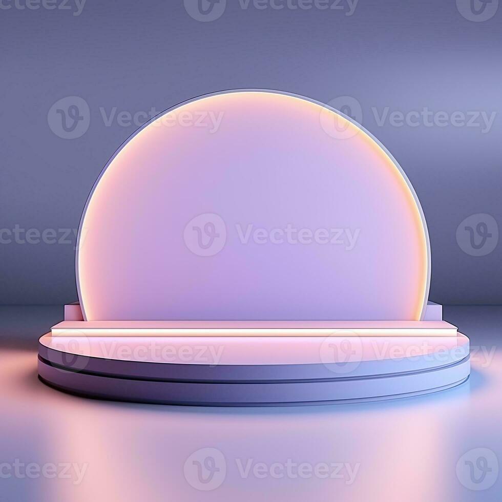 Minimalistic blue podium, stage, product display pedestal, empty, glossy, round photo