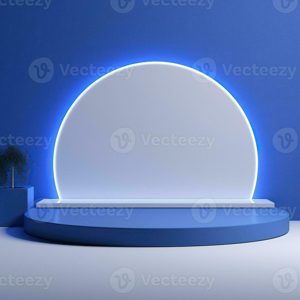 Minimalistic blue podium, stage, product display pedestal, empty, glossy, round photo