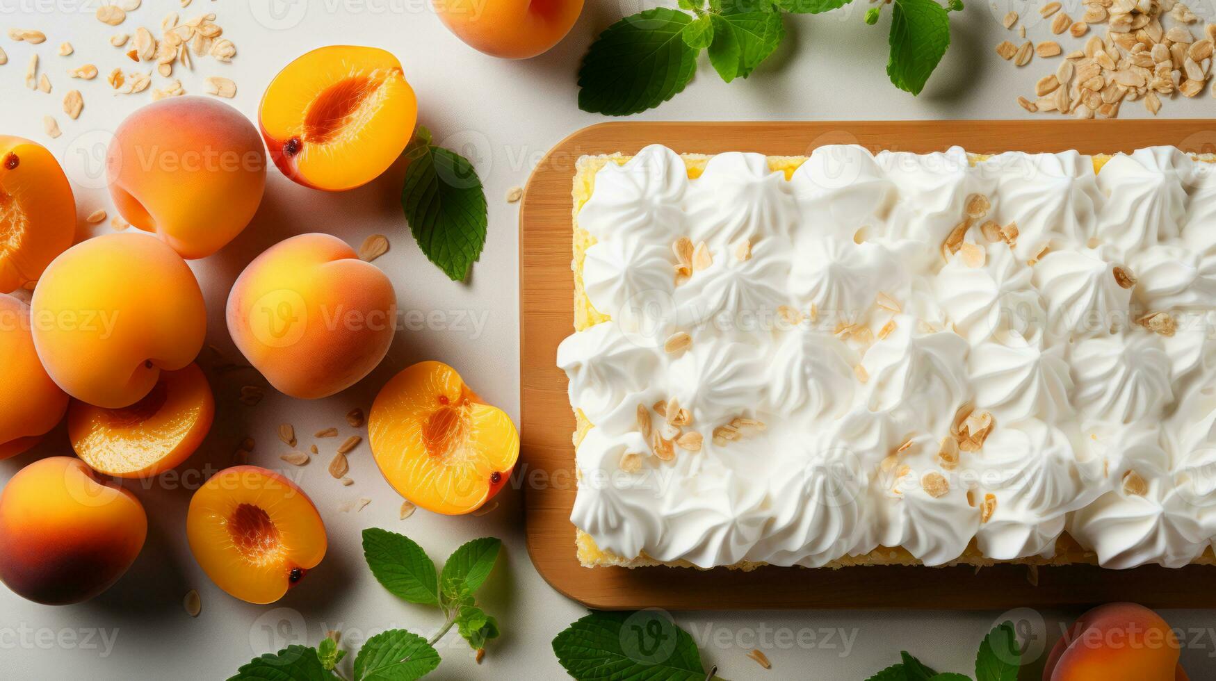 Fresh apricot slice and sweet cake background on white background. Ai generated. photo