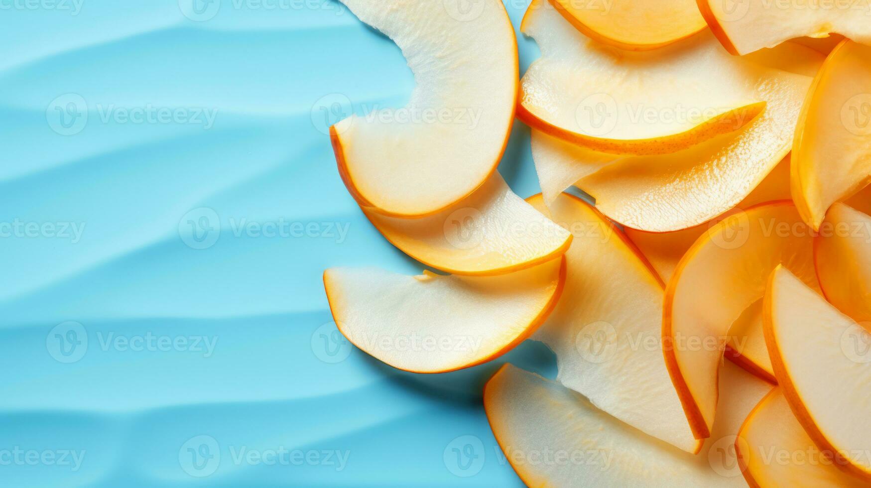Slice fresh apple into thin sheets background on white background. Ai generated. photo