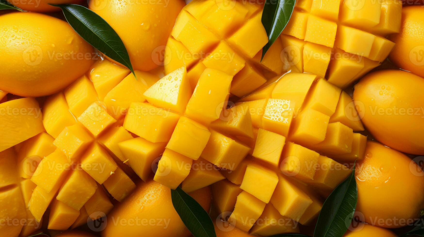 Fresh mango slice background on white background. Ai generated. photo