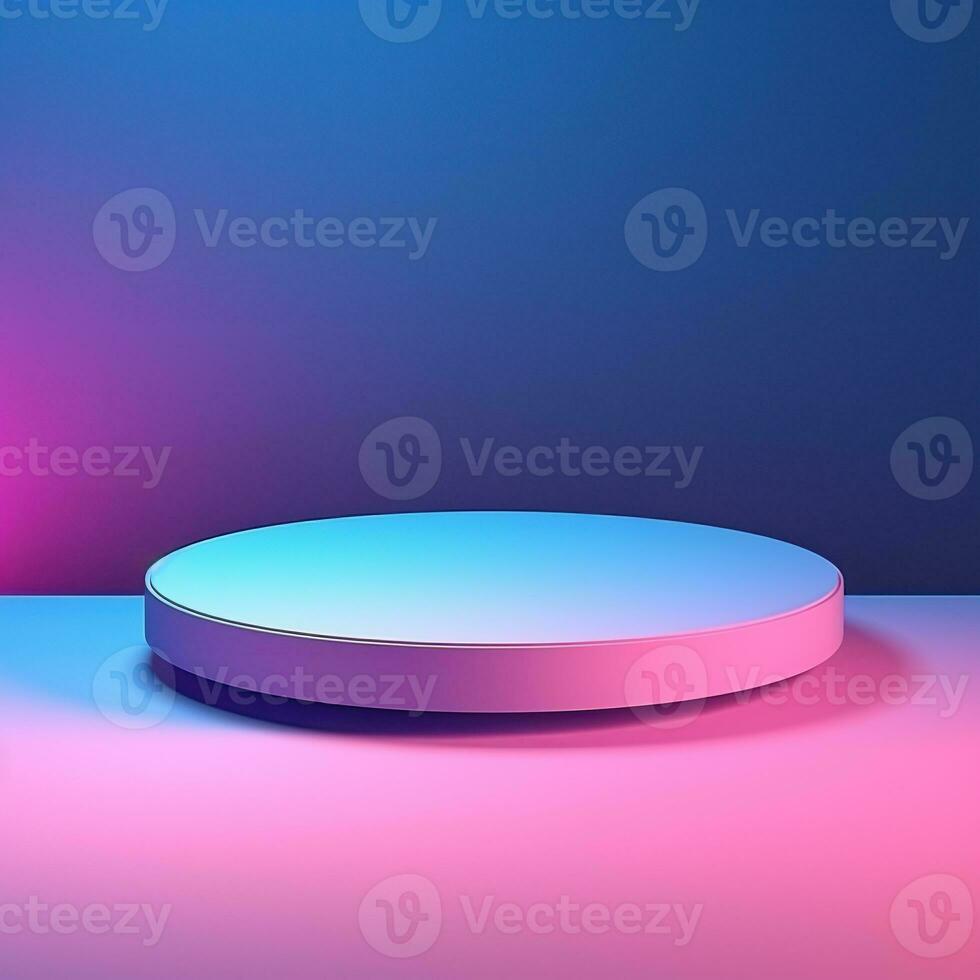 Minimalistic blue podium, stage, product display pedestal, empty, glossy, round photo