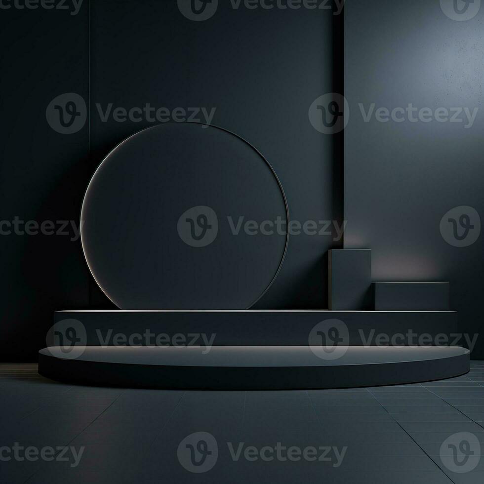 Stage, podium, empty pedestal for displaying objects and advertising goods, pink, black, round, square, glow photo