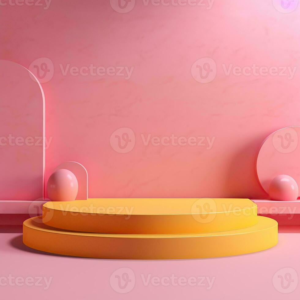 Stage, podium, empty pedestal for displaying objects and advertising goods, yellow, pink, glossy photo