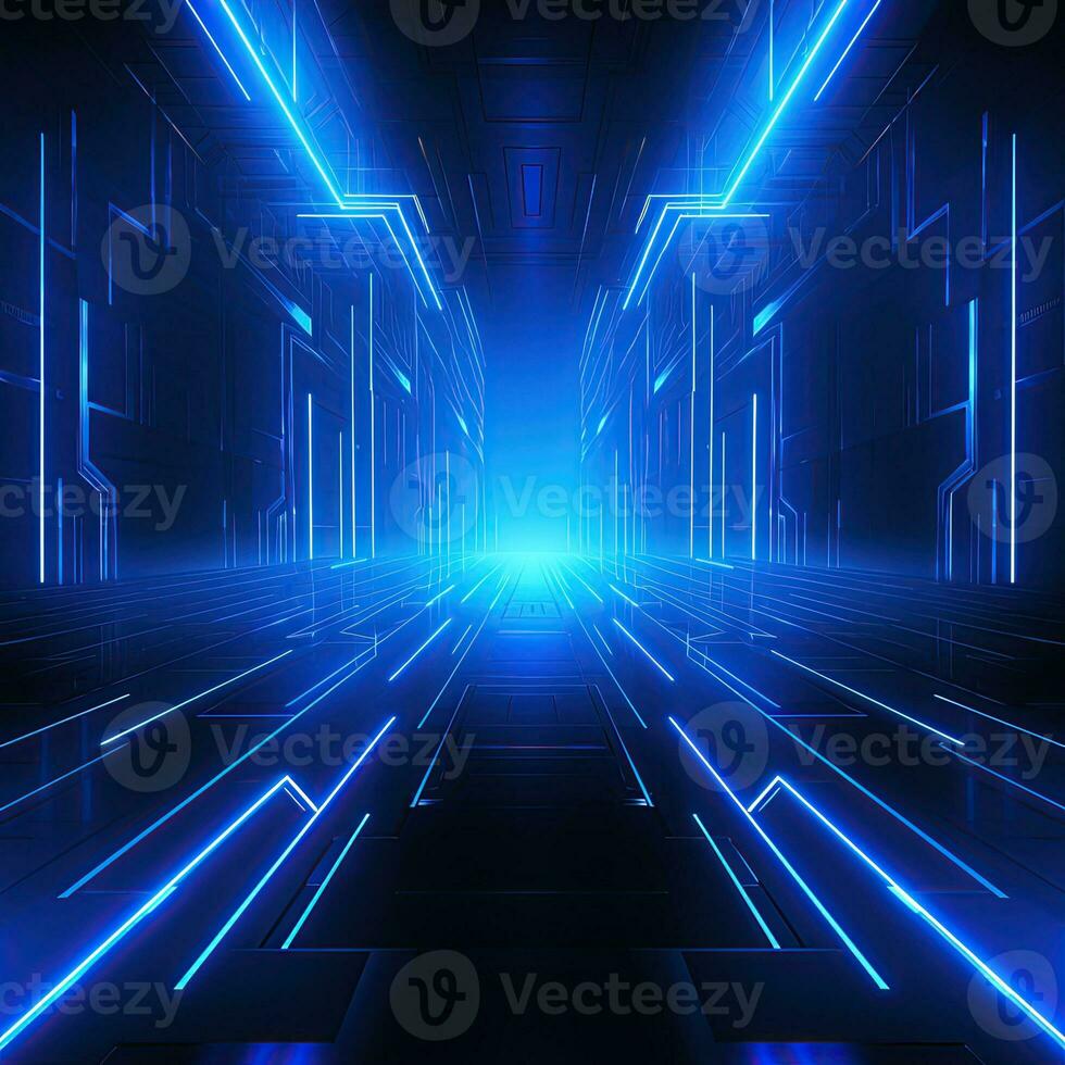 Abstract neon blue background, cyber space, parallel universe, lines, stripes, glow. AI generated photo