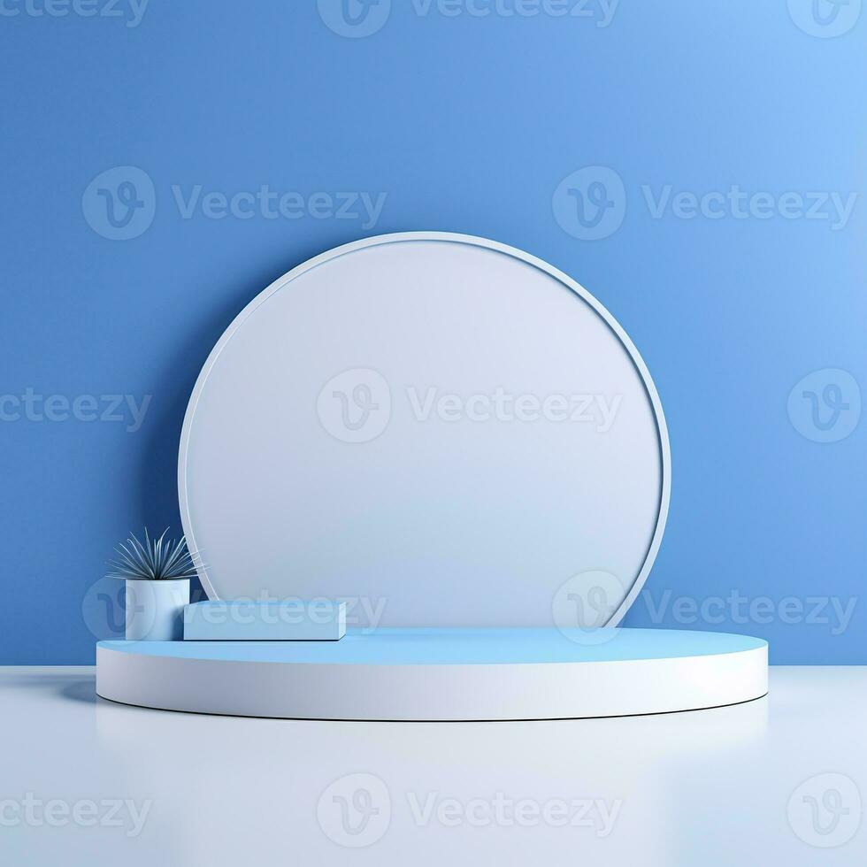 Minimalistic blue podium, stage, product display pedestal, empty, glossy, round photo