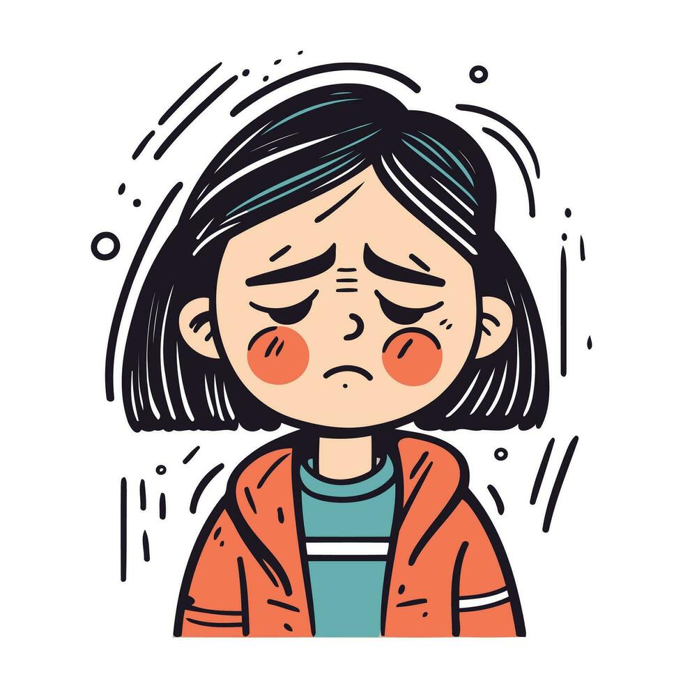Crying girl with headache. Vector illustration in doodle style.