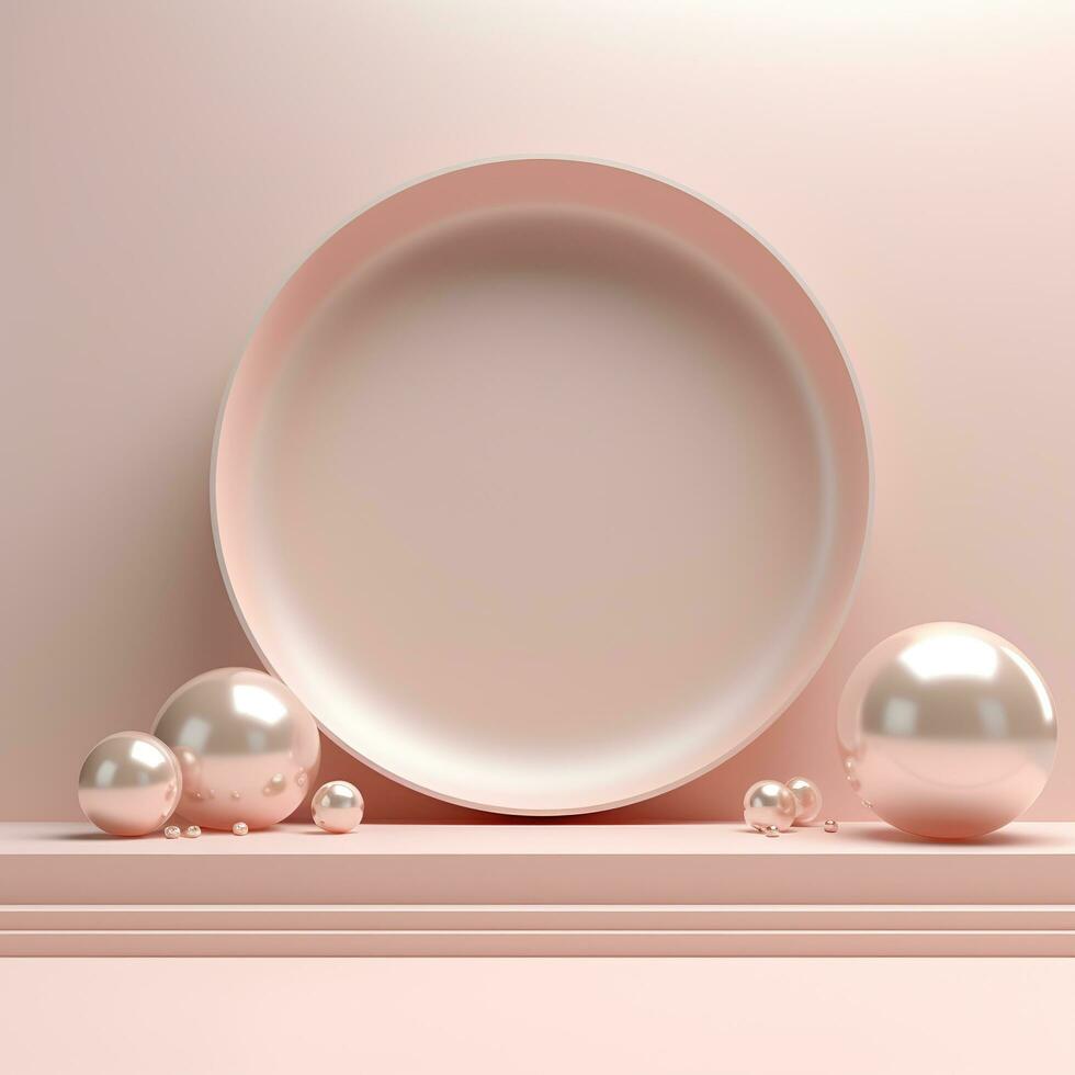 Empty minimalistic glossy scene with pearls. Pink, beige, neutral color podium for goods and items photo