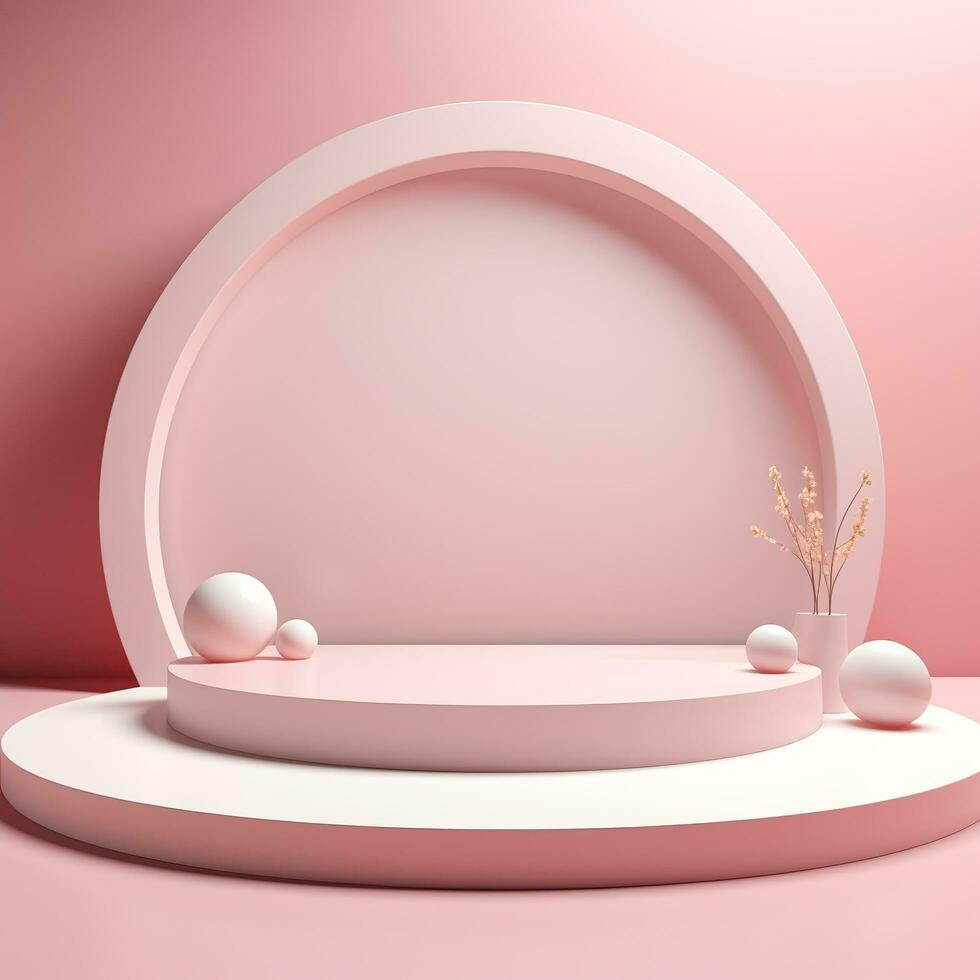 Empty minimalistic glossy scene with pearls. Pink, beige, neutral color podium for goods and items photo