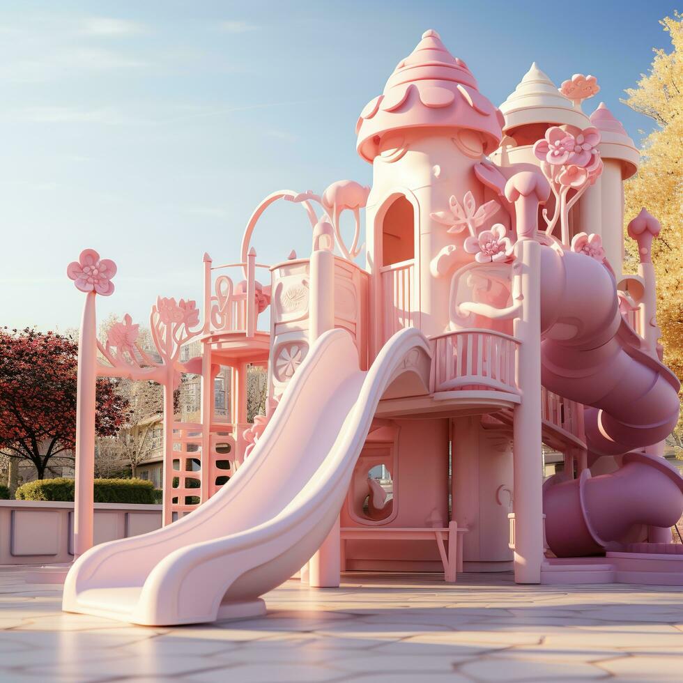 A modern children's playground in the form of a fairy-tale pink castle. Children's entertainment concept. Generated by artificial intelligence photo