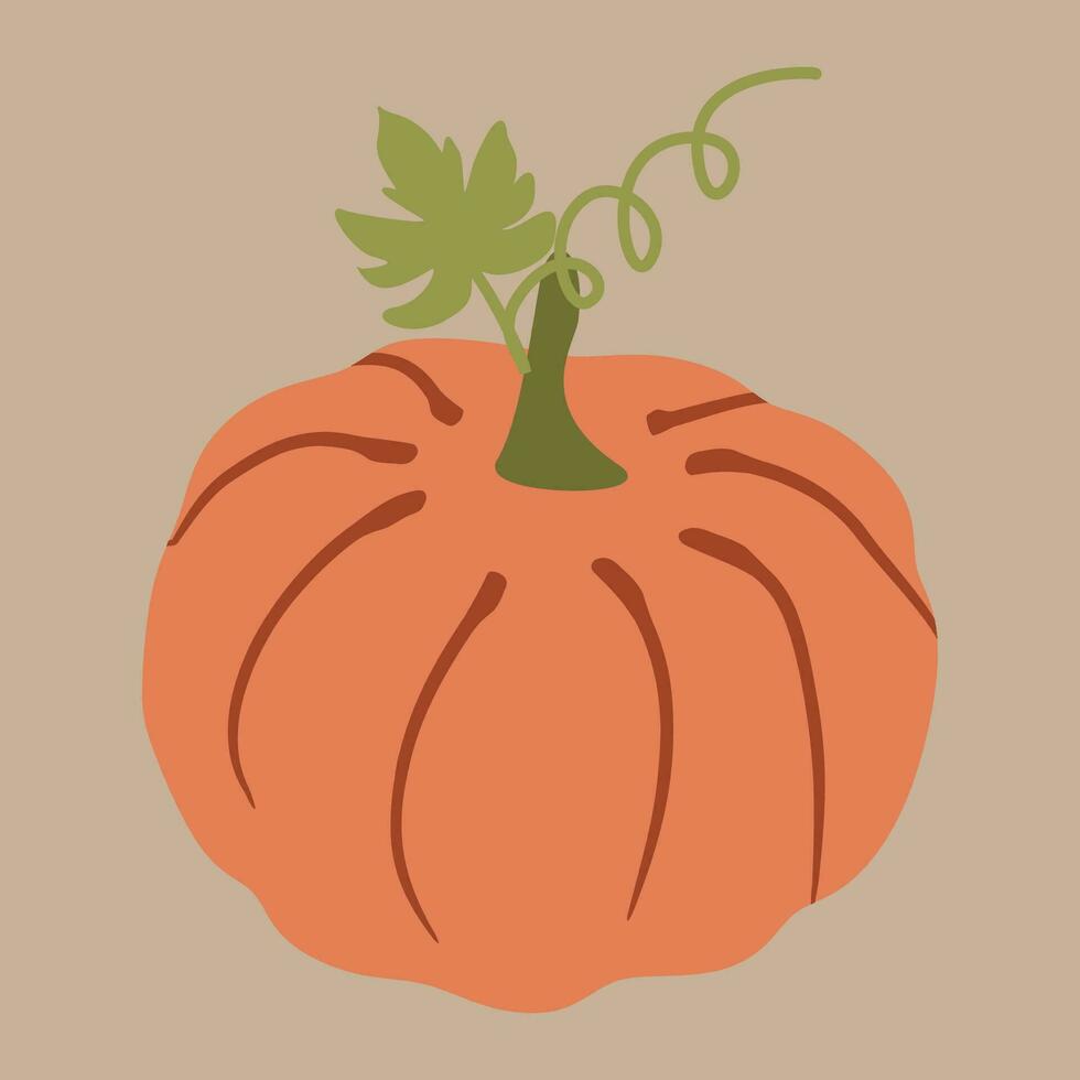 Flat style pumpkin Vegetable with Green Leaf, isolated vector illustration. Autumn Harvest symbol, Ripe and Bright October Food. Design element for Decoration, Holiday Sticker, Halloween, Thanksgiving