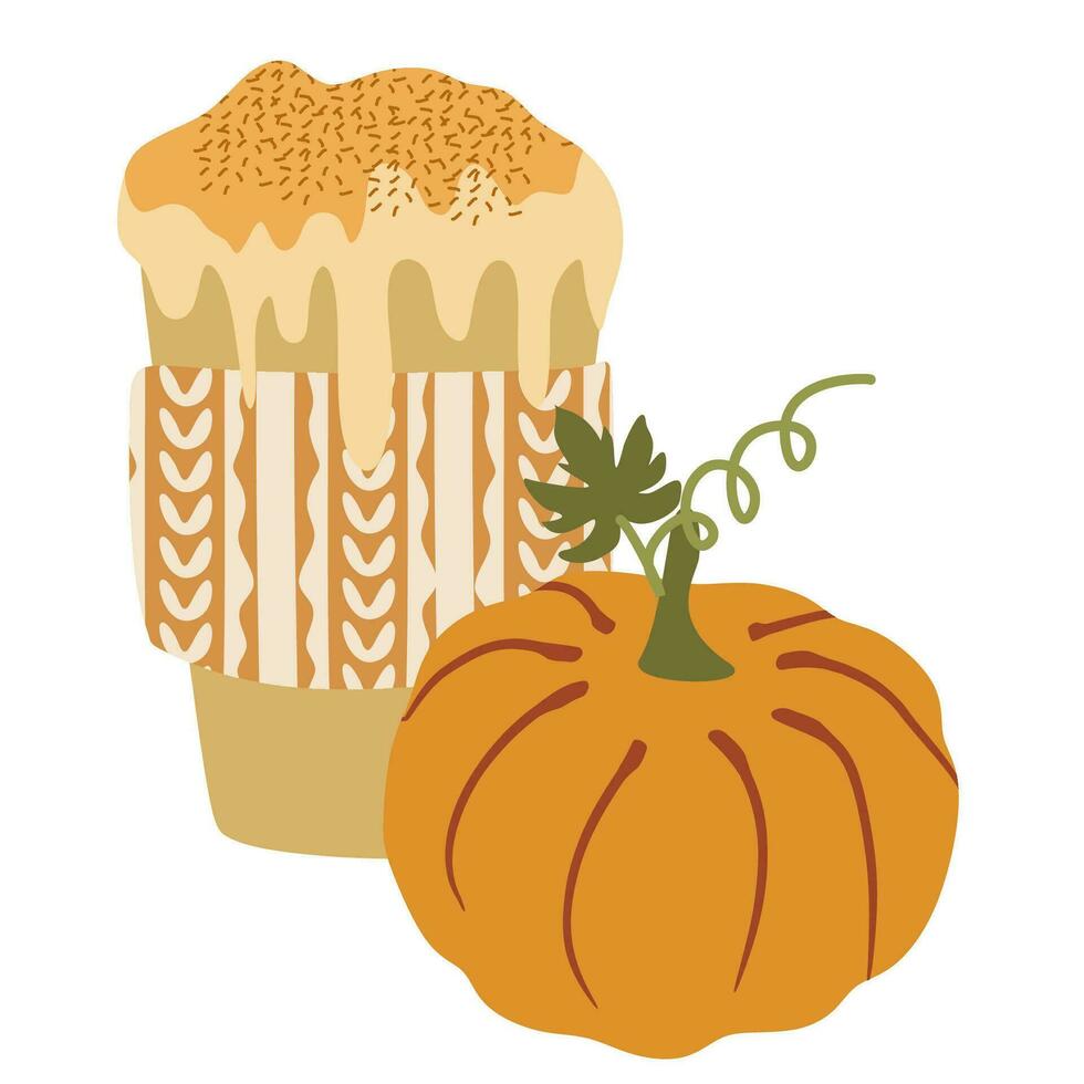 Autumn Pumpkin Spice latte in paper cup. Flat vector illustration isolated on white. Seasonal Warming Drink to go. Fall season Hot sweet beverage. Takeaway cappuccino or Hot chocolate For Halloween