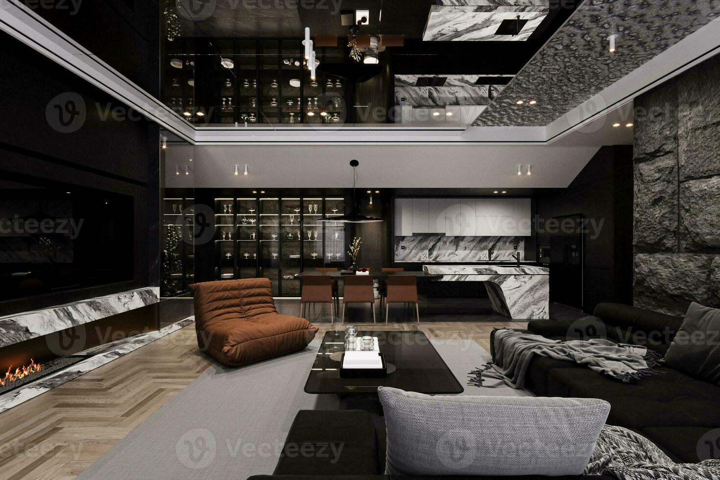 un elegante y lujoso vivo espacio en un departamento, interior con moderno mueble. 3d representación foto