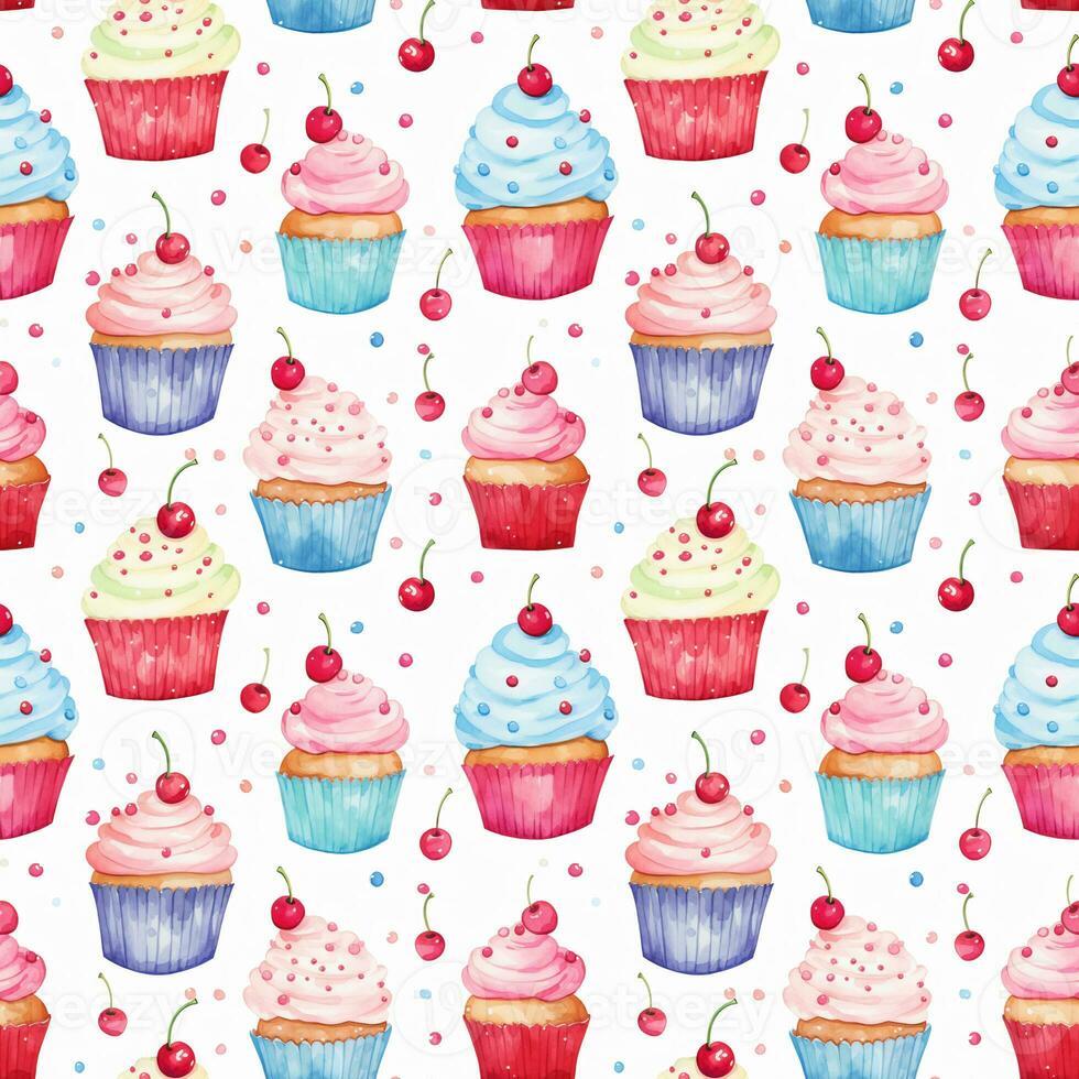 Watercolor seamless pattern of cupcakes with berries. Desserts, sweets, cake. Background, fabric, packaging, birthday photo