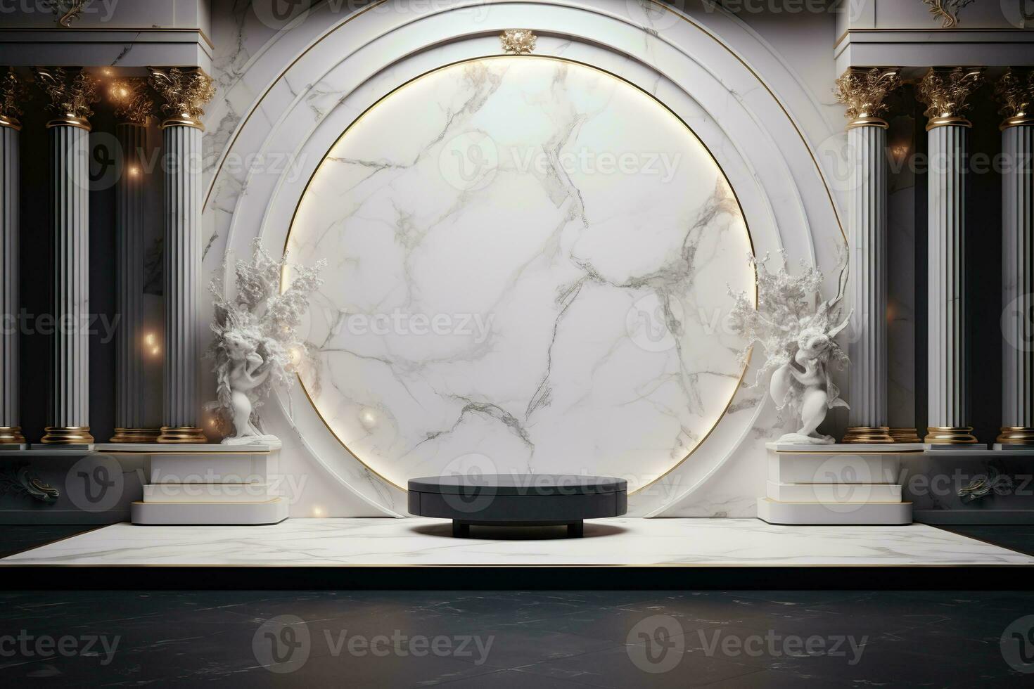 Minimalist white marble stage for product display. Podium, pedestal, exhibition, empty space photo