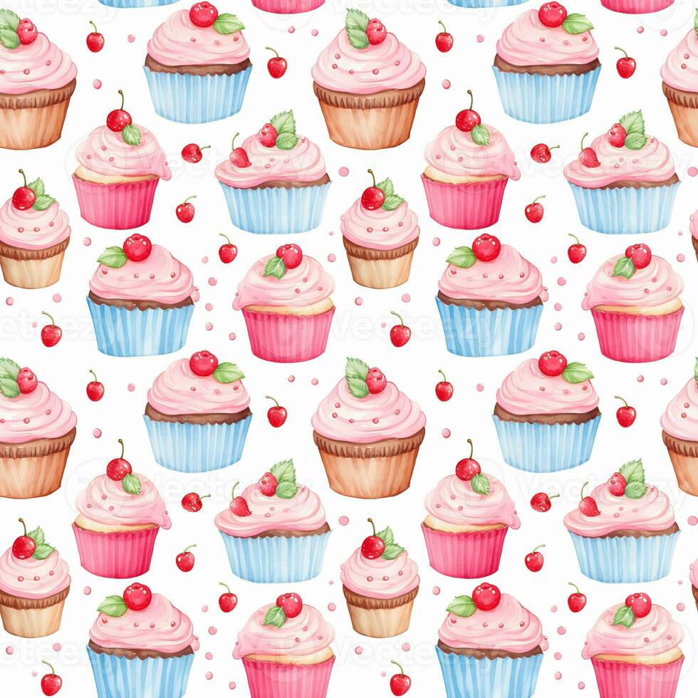 Cute watercolor cupcakes, seamless pattern, appetizing print, food, dessert, sweets, cake photo