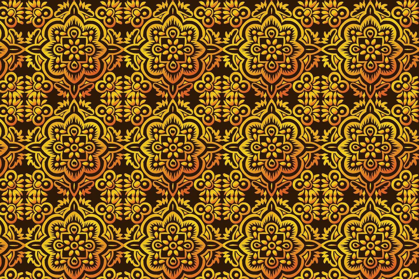 Yellow and Brown Floral Pattern with Symmetrical Flowers on a Dark Brown Background vector