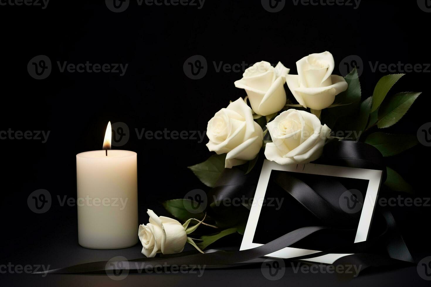 White roses with ribbon and photo frame on black background.Funeral Concept AI generated