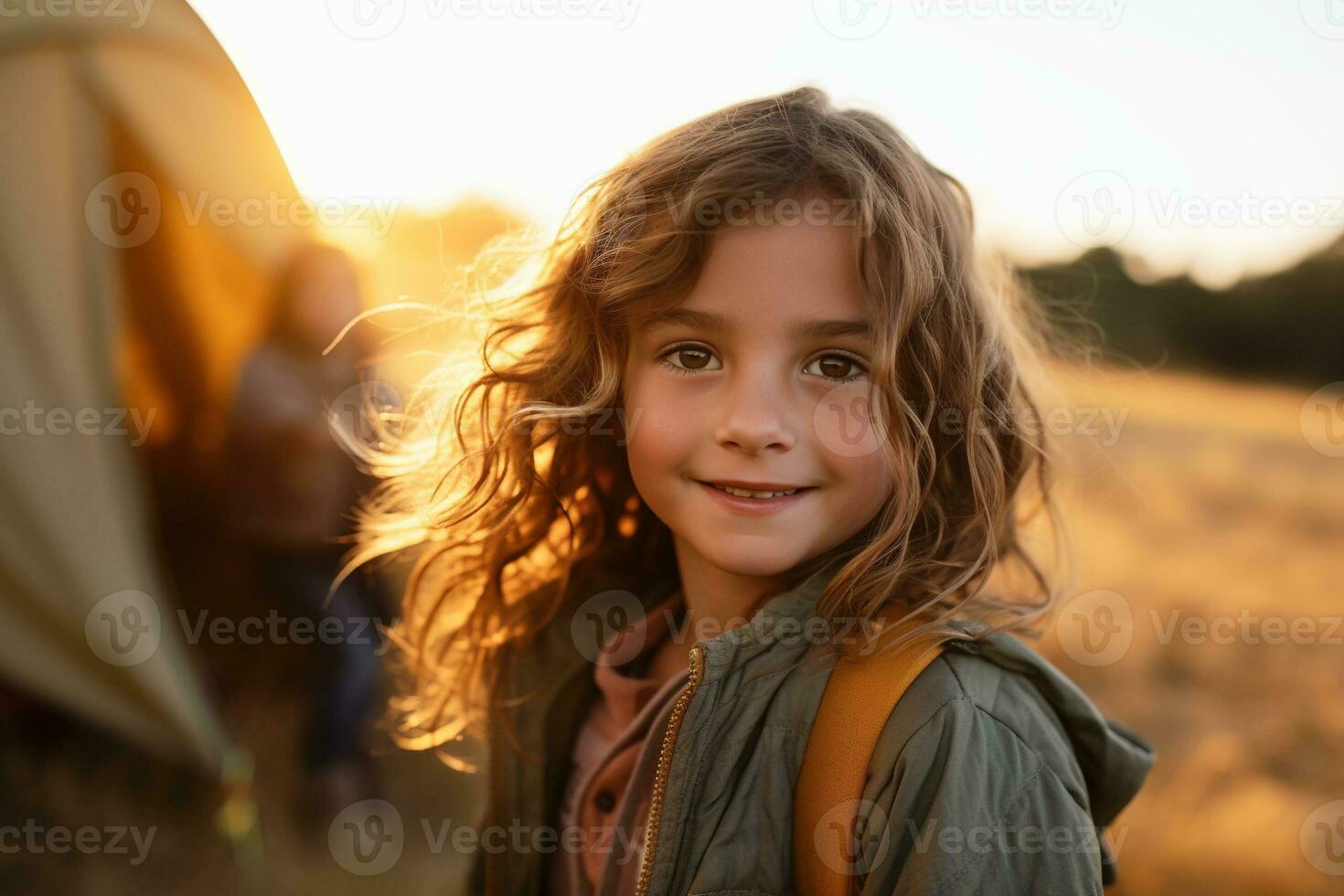 Portrait of cute little girl at camera while standing near camping tent at sunset AI generated photo